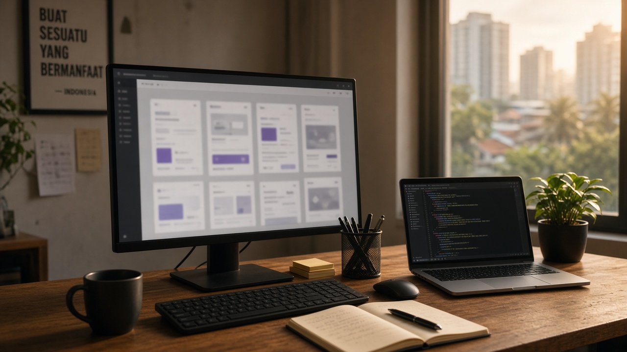 Developer dan analis bisnis mendesain layar aplikasi di monitor