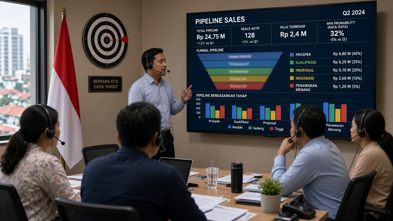 Tim sales melihat pipeline pelanggan di layar besar