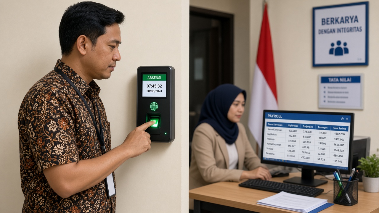 Karyawan absen fingerprint dan HR memproses payroll di komputer