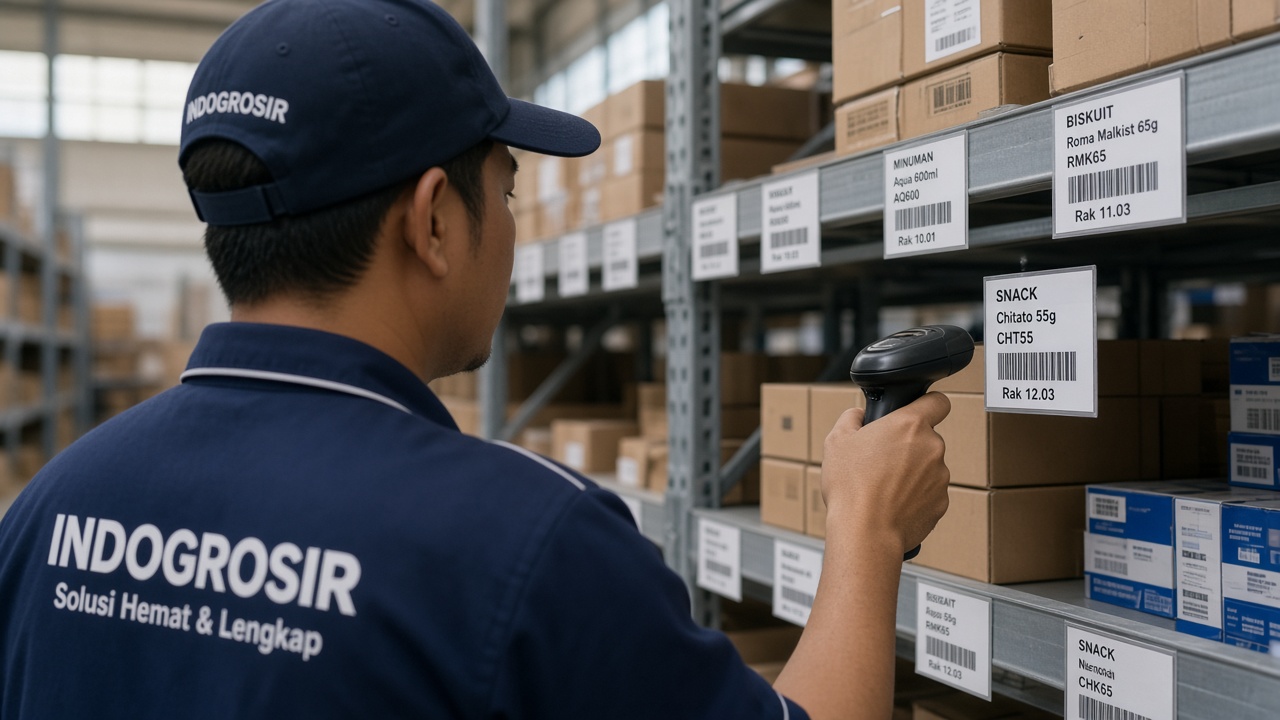 Operator scan barcode di rak gudang dengan handheld scanner
