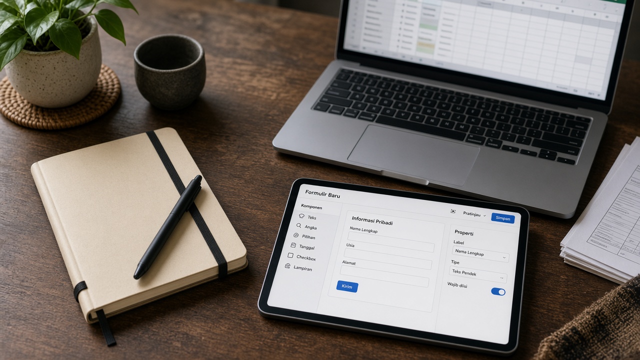 Tiga perangkat menunjukkan buku catatan, spreadsheet, dan layar builder sederhana
