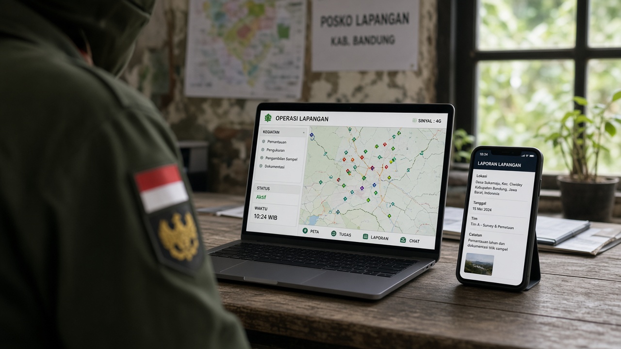 Smartphone dan laptop berdampingan di meja operasional lapangan