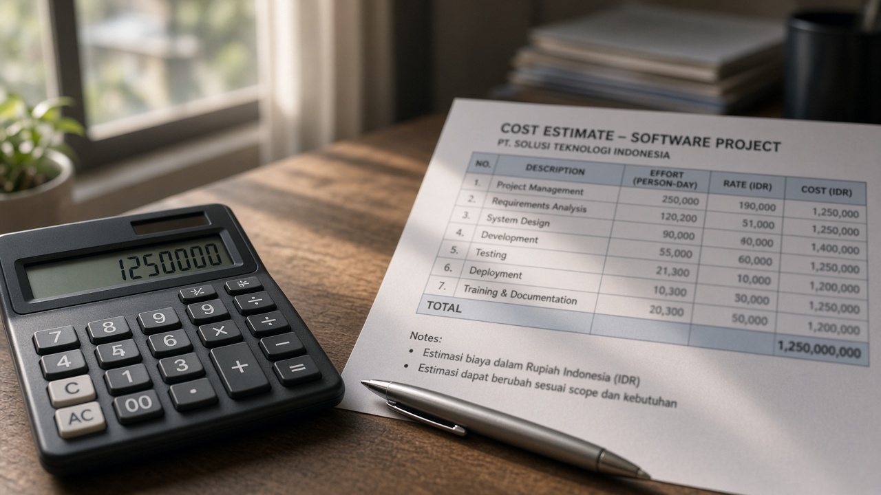 Estimasi anggaran proyek software tertulis di kertas dan spreadsheet