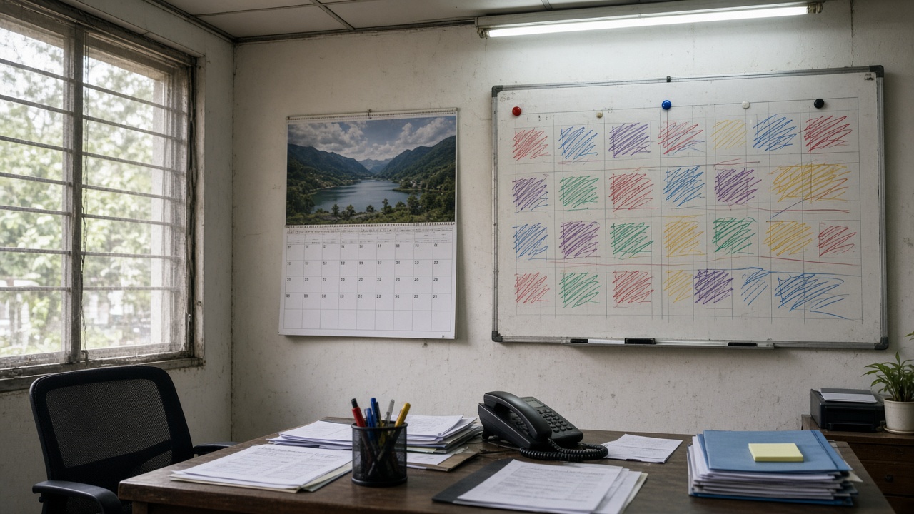 Kalender dinding dan papan jadwal sewa yang saling tumpang tindih