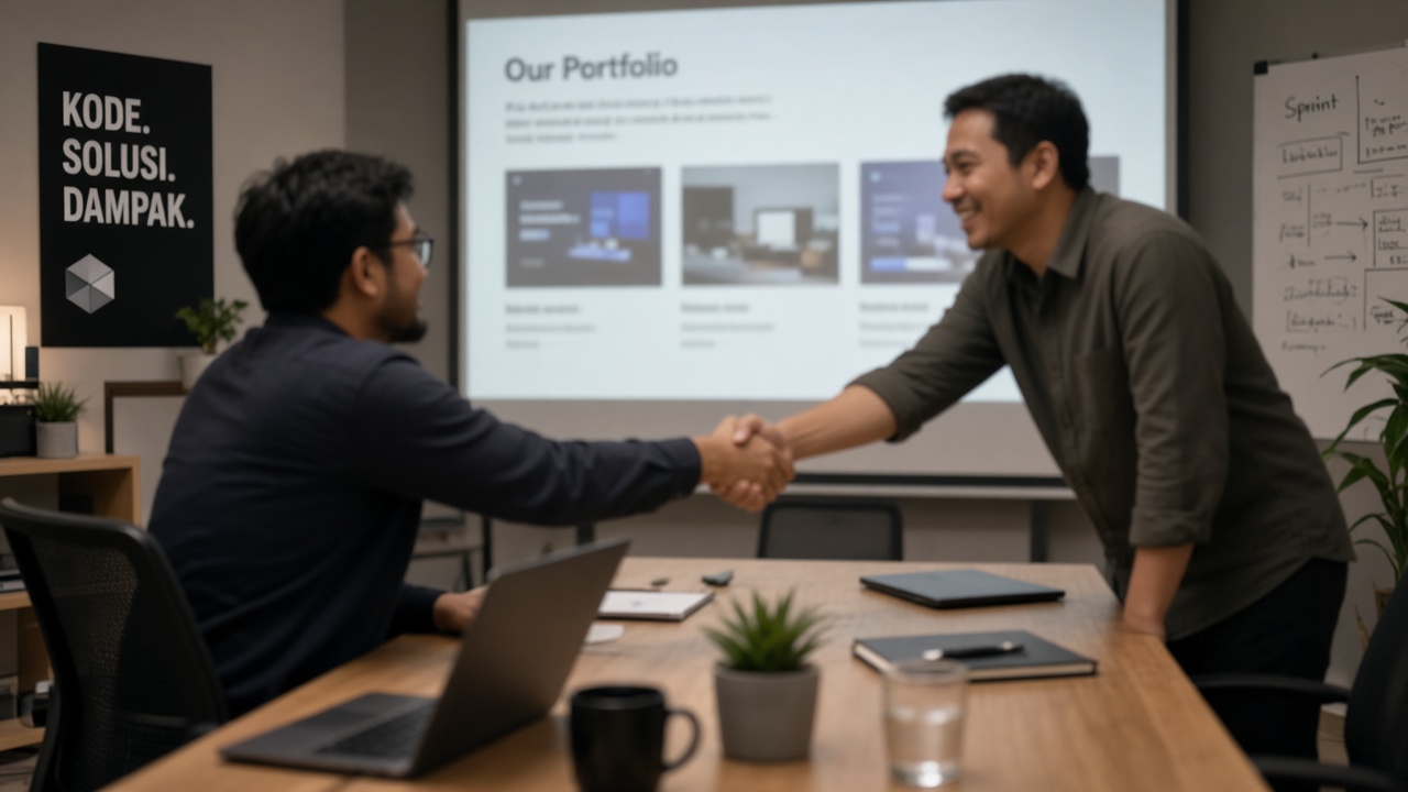 Pertemuan klien dan tim developer memreview portofolio di layar