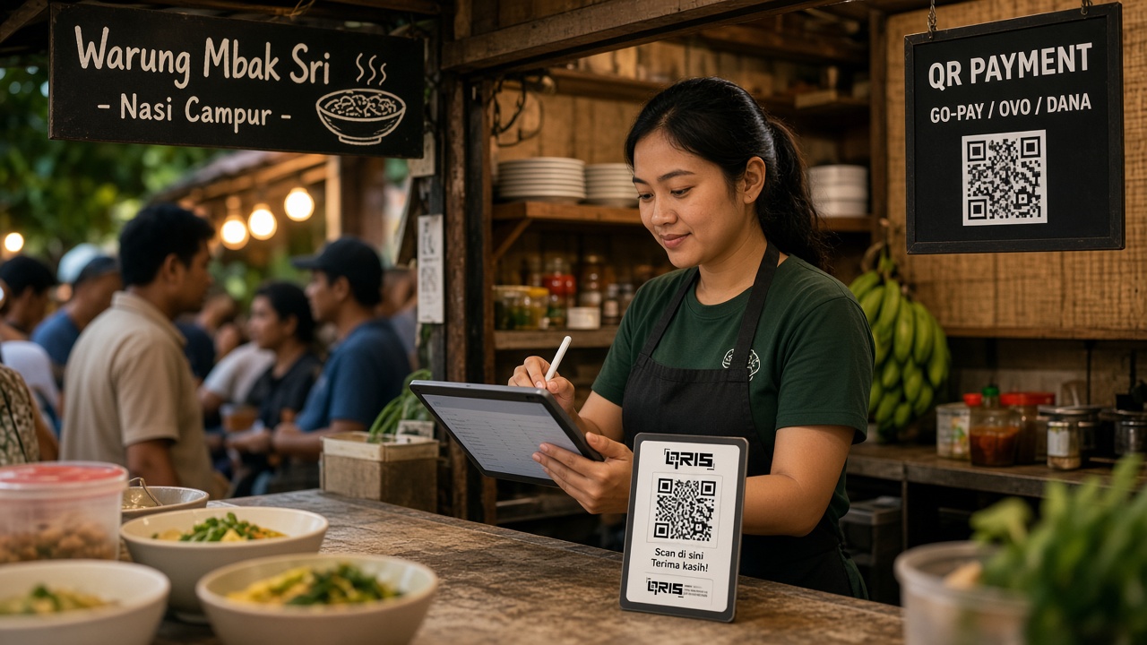 Pemilik UMKM memindai QR dan mencatat penjualan di tablet