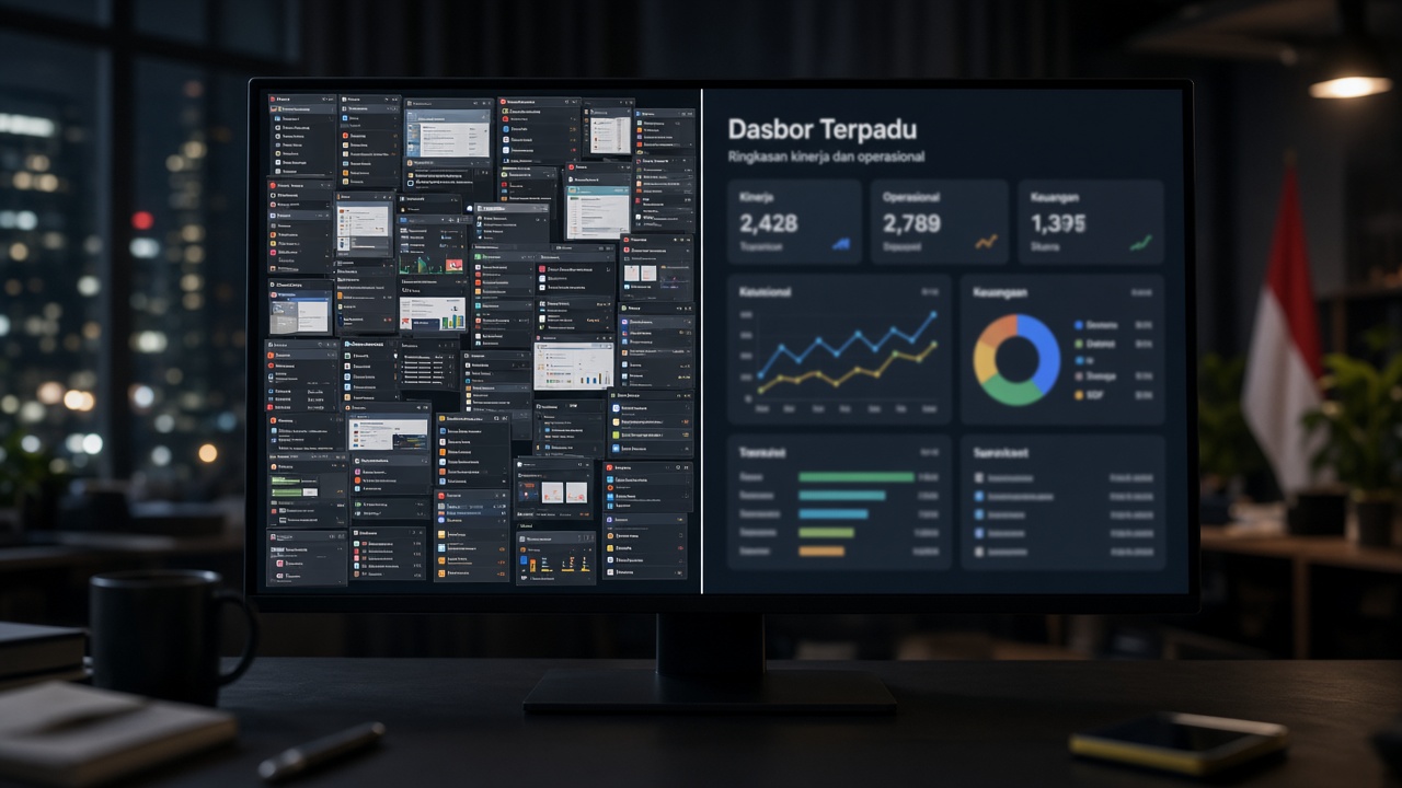 Beberapa aplikasi terpisah vs satu dashboard terpadu di layar