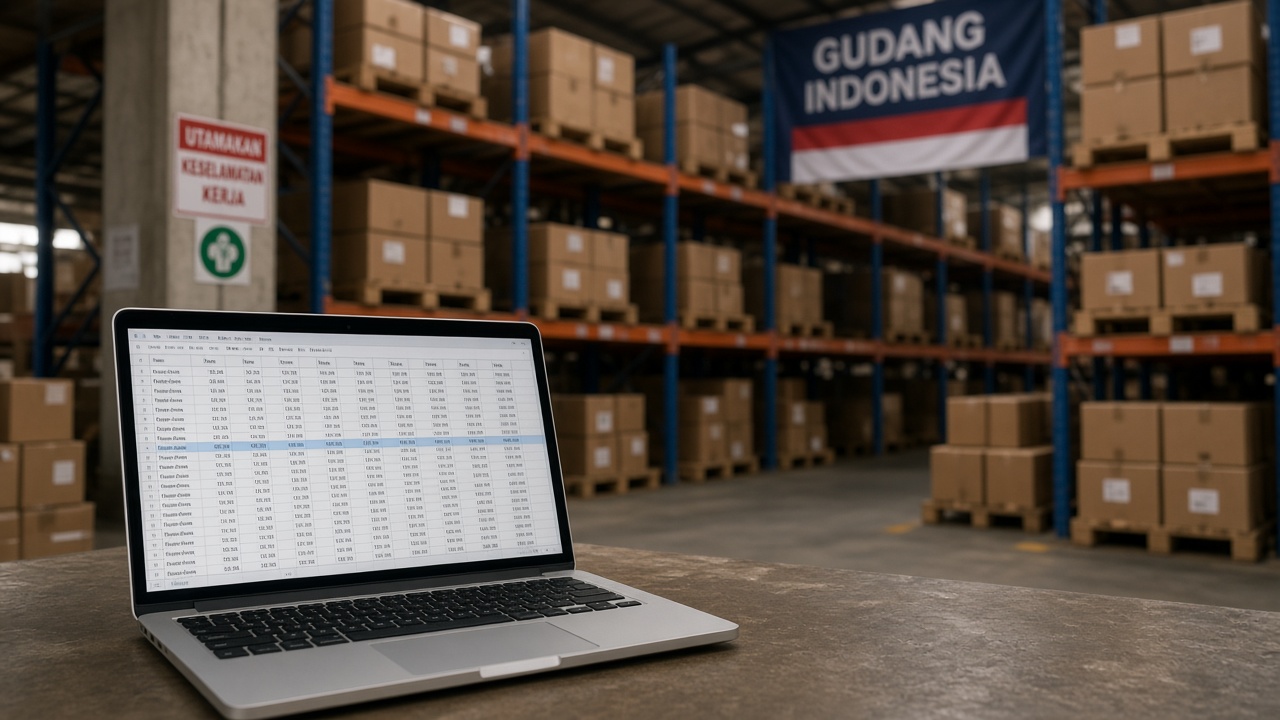 Spreadsheet stok di laptop di samping rak barang yang penuh