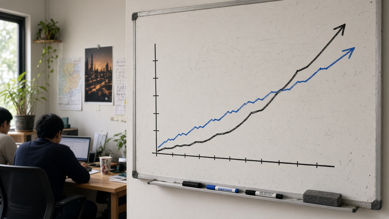 Grafik biaya kumulatif digambar di whiteboard untuk perbandingan investasi