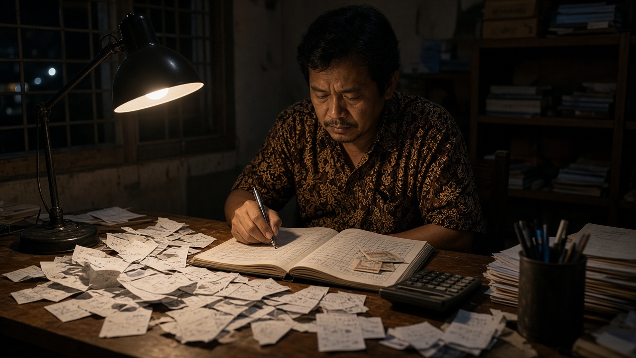 Tumpukan struk dan buku kas di meja yang belum direkap