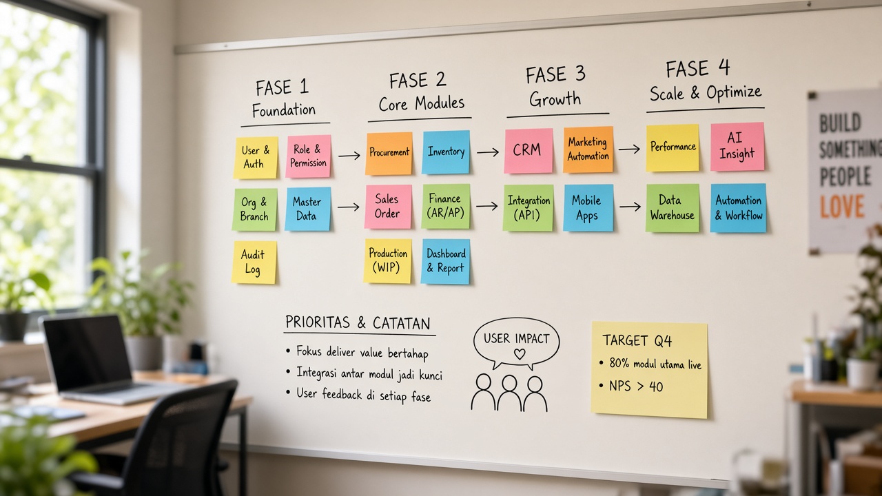 Diagram modul software bertahap di sticky notes pada dinding