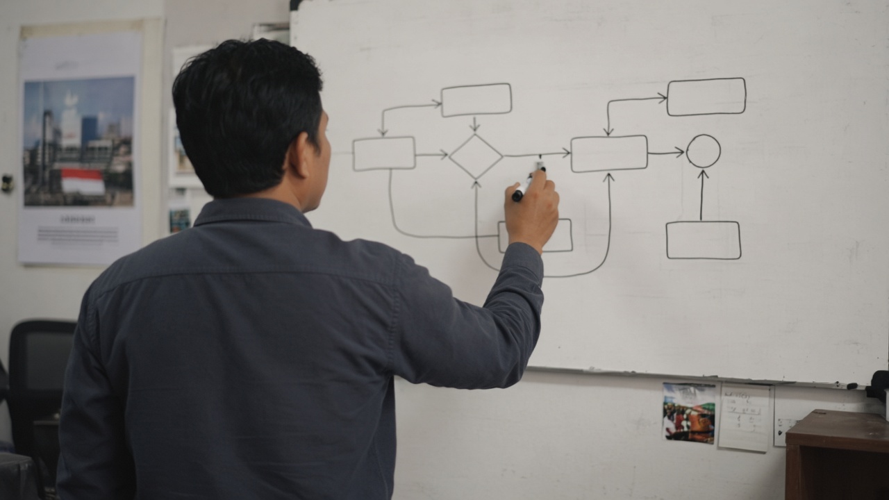 Flowchart proses bisnis digambar di whiteboard