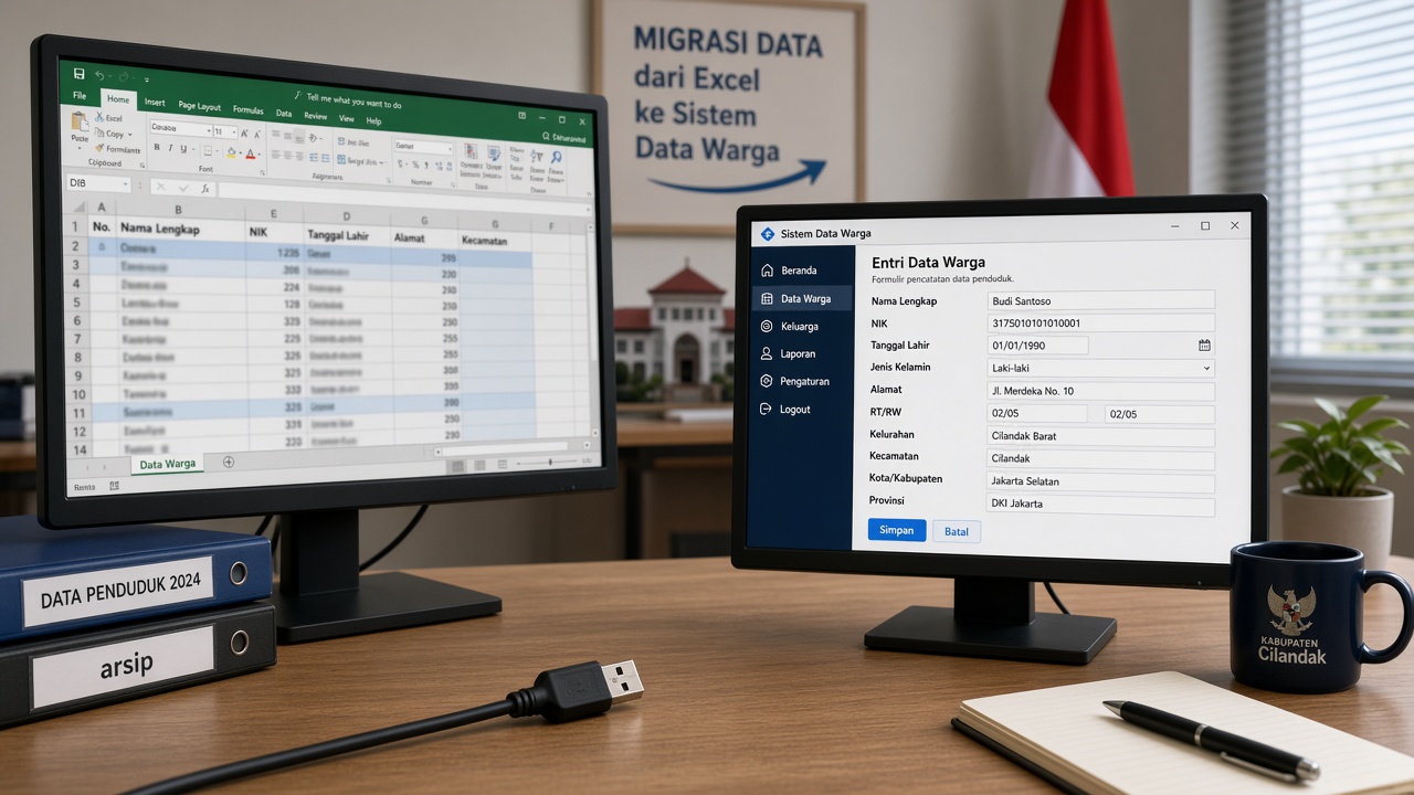File Excel di laptop disandingkan dengan layar aplikasi database baru