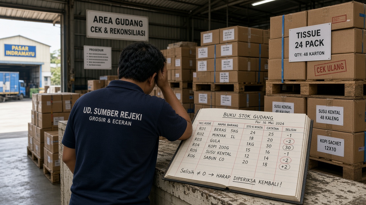 Selisih stok barang dan catatan kas yang tidak cocok di meja gudang