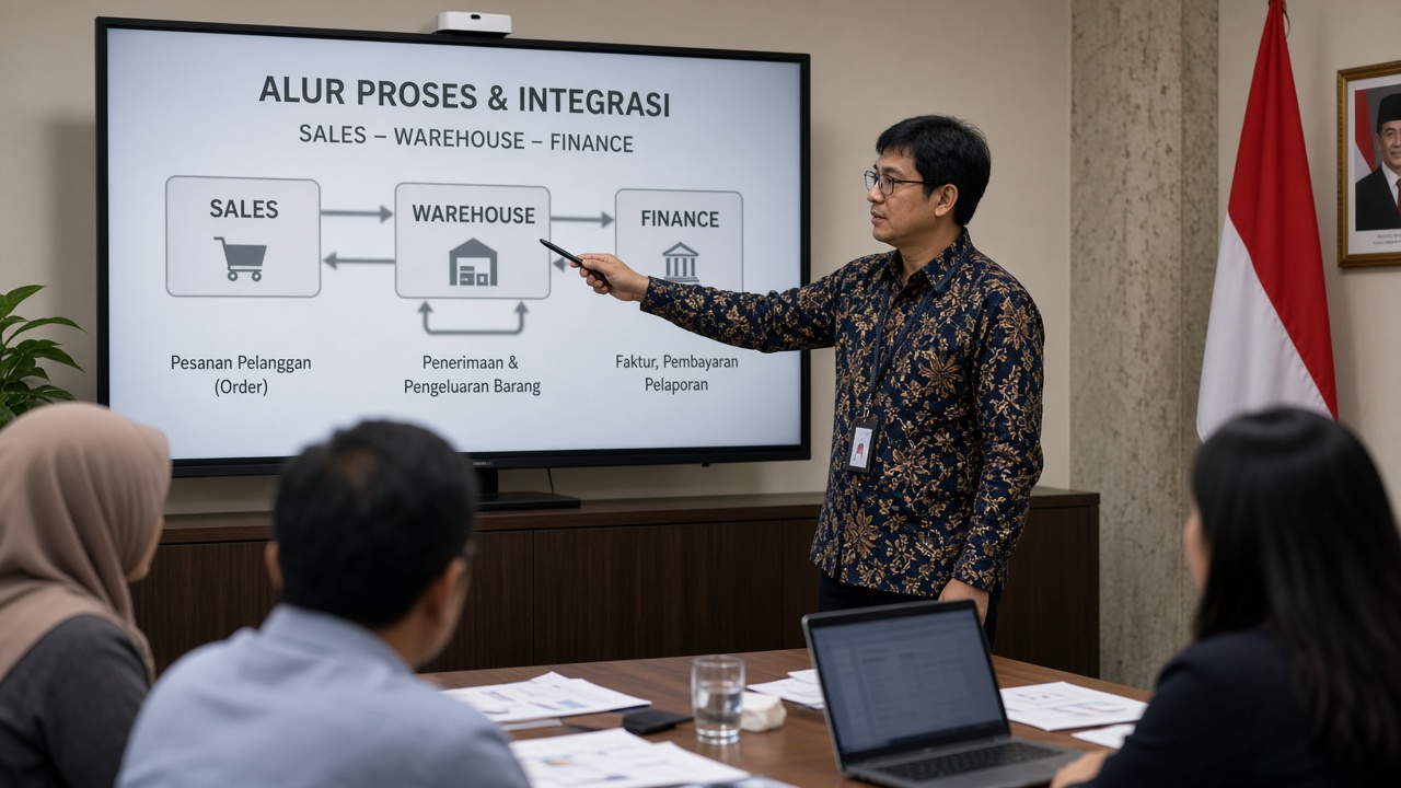 Diagram alur data dari penjualan ke gudang dan keuangan di layar