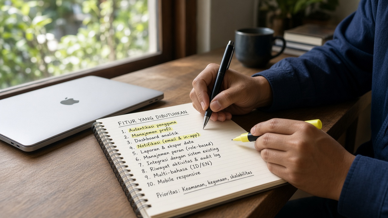 Daftar kebutuhan fitur ditulis rapi di buku catatan