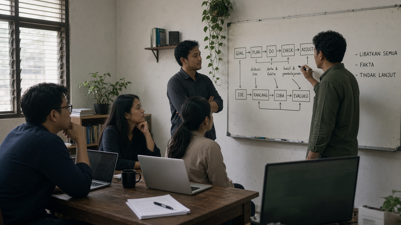 Tim bisnis berdiskusi di ruang meeting sambil melihat sketsa alur kerja