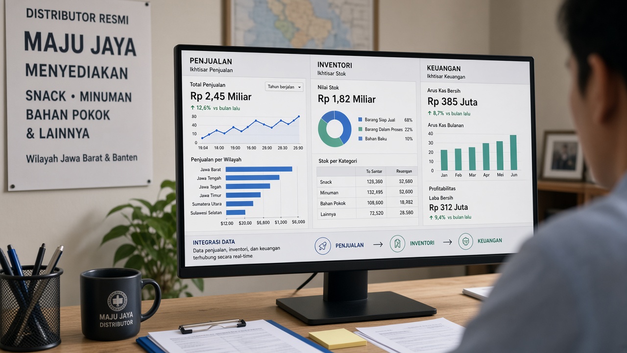 Dashboard terhubung penjualan stok dan kas di monitor kantor