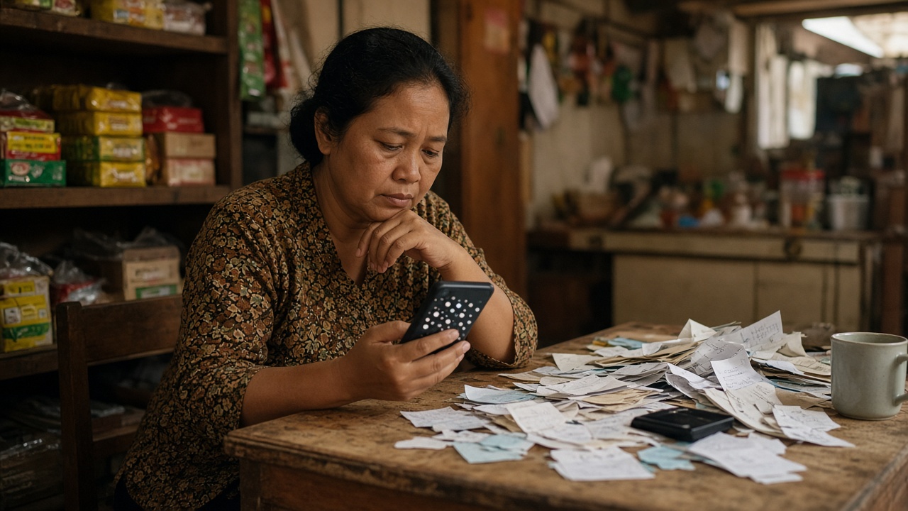 Pemilik toko kecil membalas banyak chat pesanan di ponsel di meja kasir