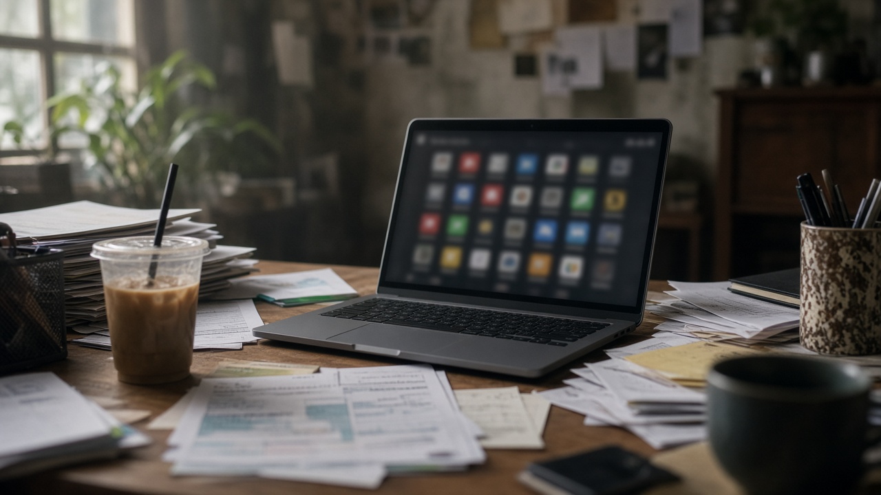 Laptop menampilkan banyak tab langganan software di meja kerja