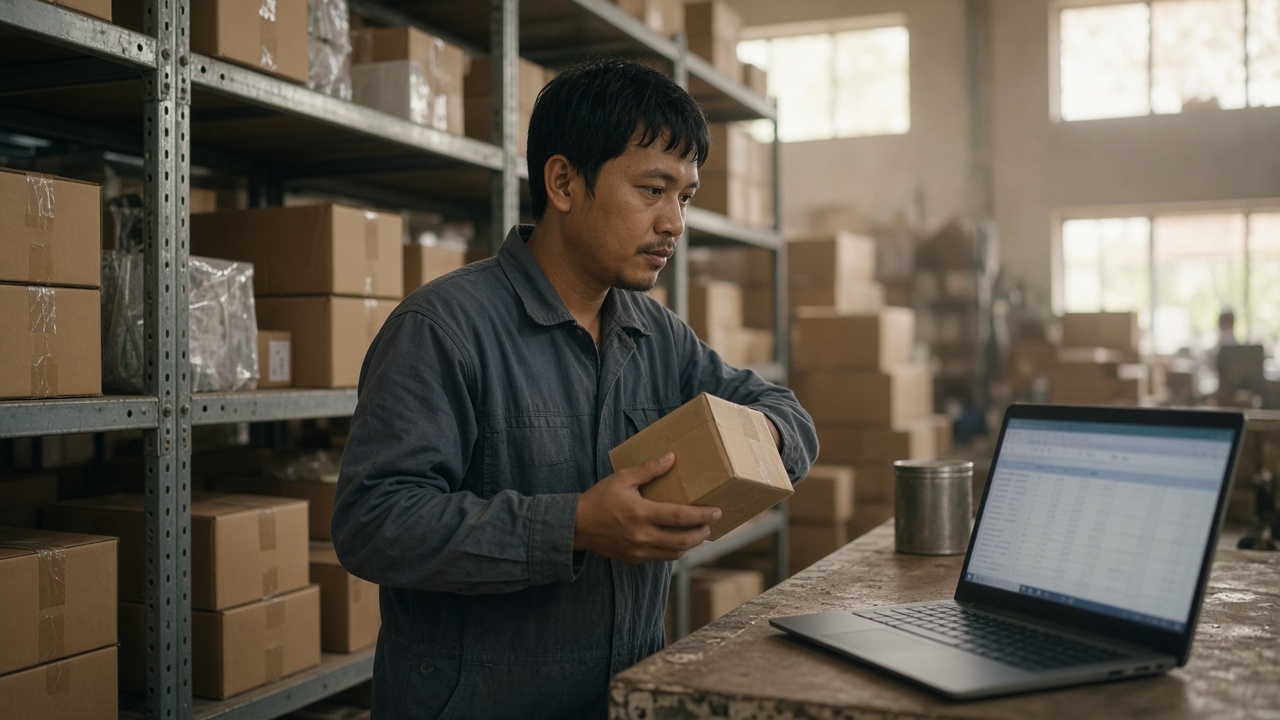 Petugas gudang memeriksa rak barang sambil membuka laptop dengan spreadsheet